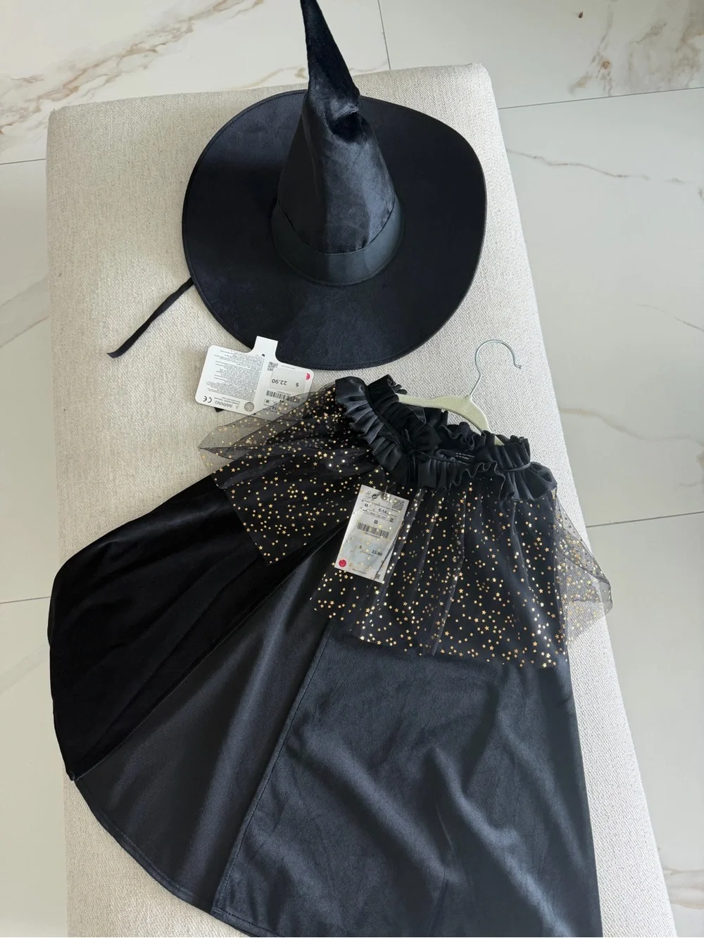 Zara Black Witch Hat and Black Skirt with Gold Sparkle Overlay
